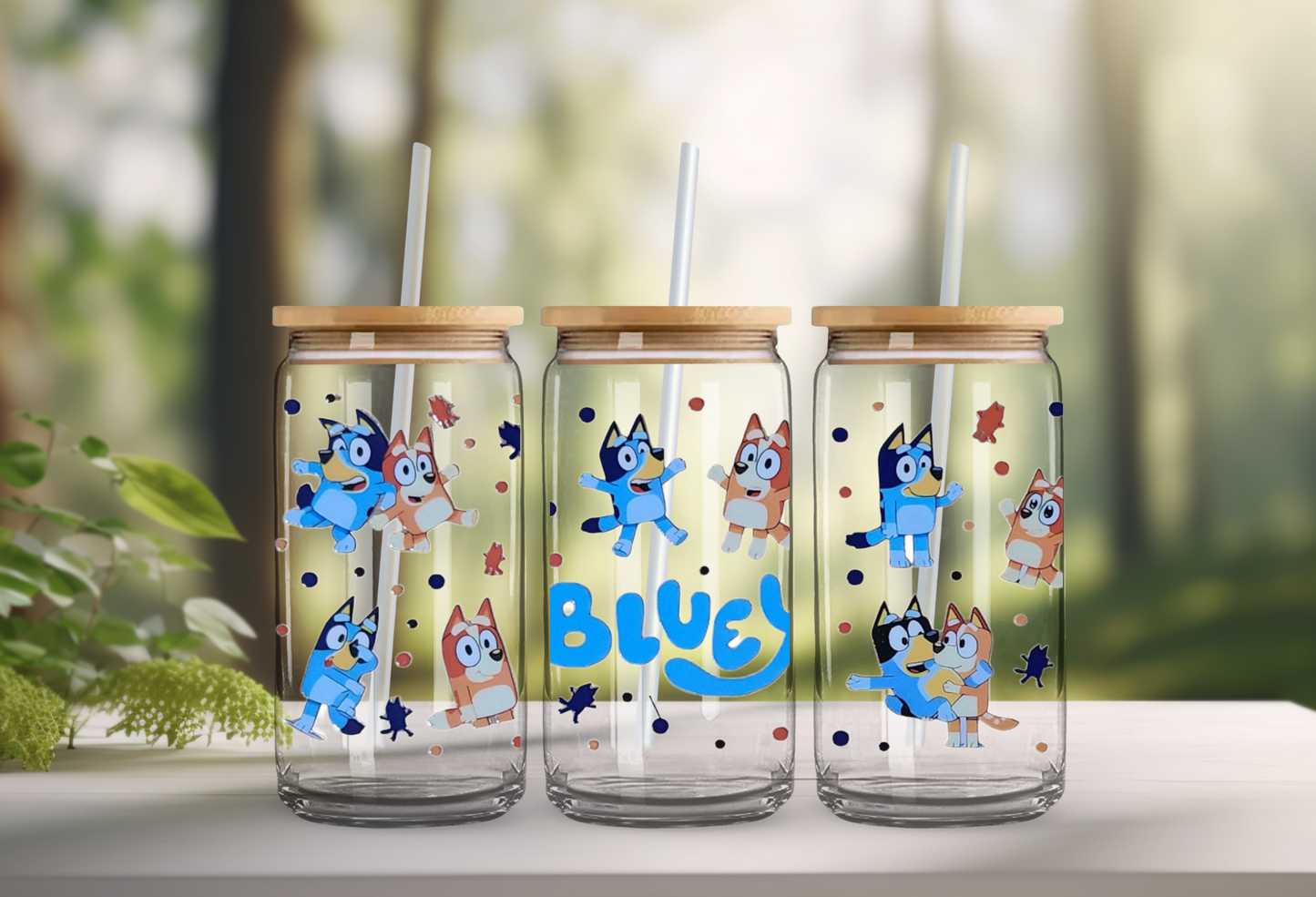 Bluey Glass Can 16oz Cup Lid & Straw Ice Coffee Cup Beer Can Handmade Gift