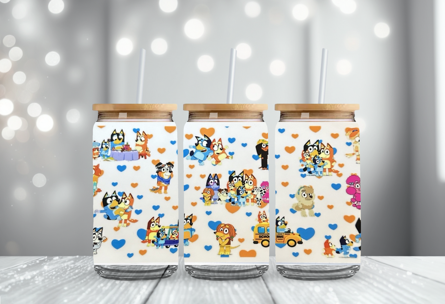 Bluey Glass Can 16oz Cup Lid & Straw Ice Coffee Cup Beer Can Handmade Gift
