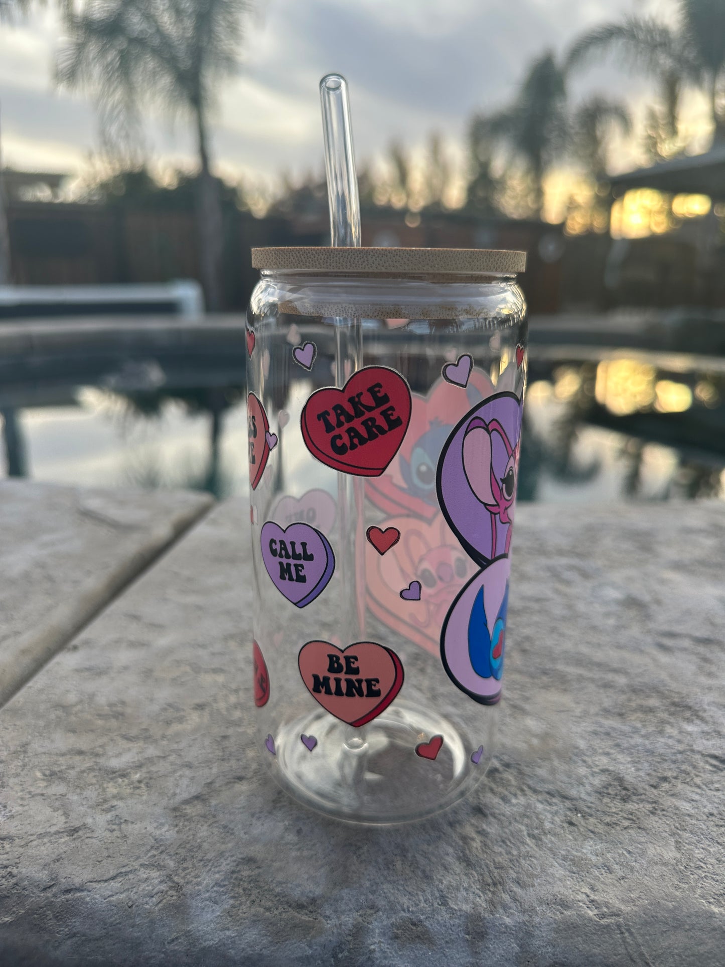 Stitch and Angel heart Glass Libby can