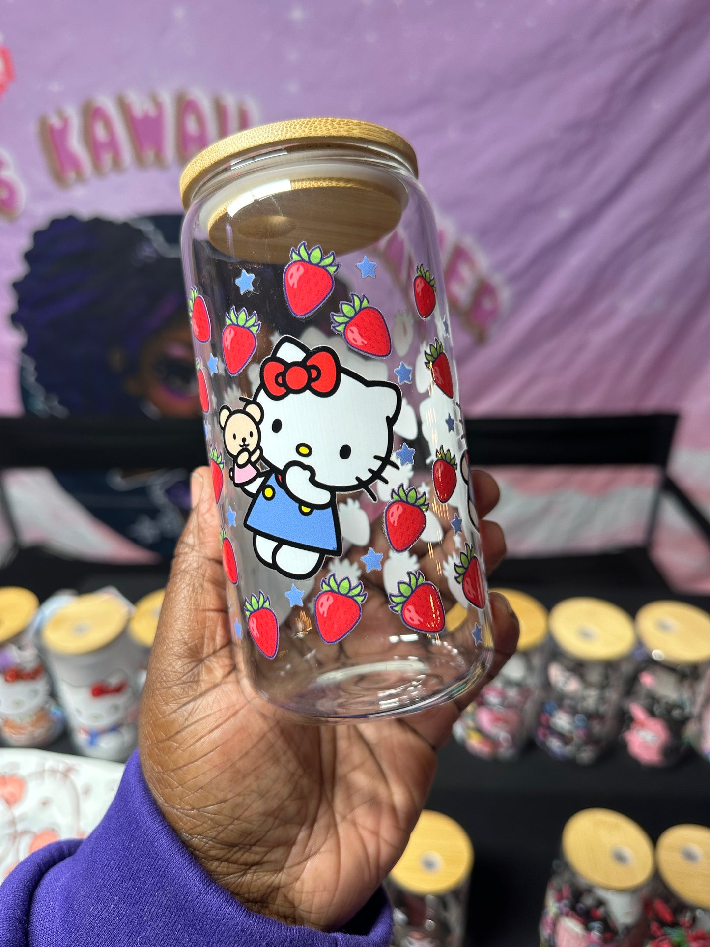 16oz Strawberry kitty Libby glass can Kawaii