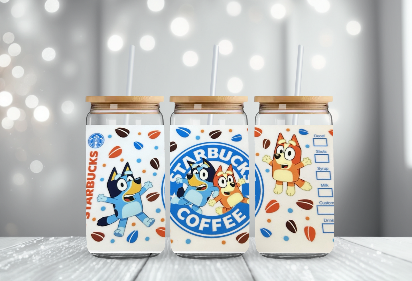 Bluey Glass Can 16oz Cup Lid & Straw Ice Coffee Cup Beer Can Handmade Gift