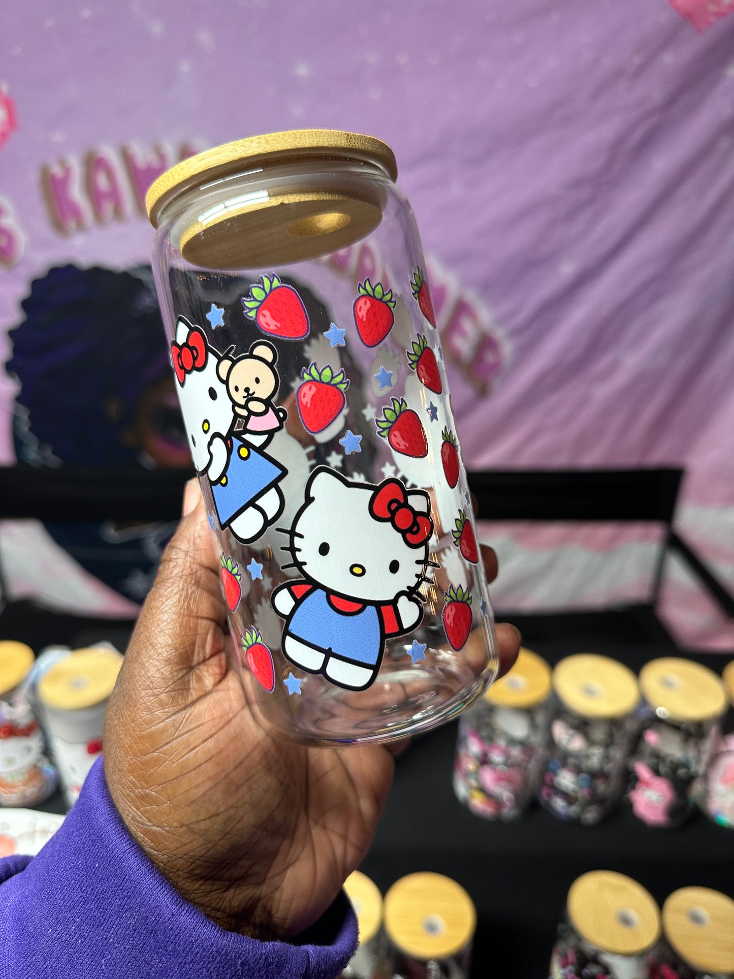 16oz Strawberry kitty Libby glass can Kawaii