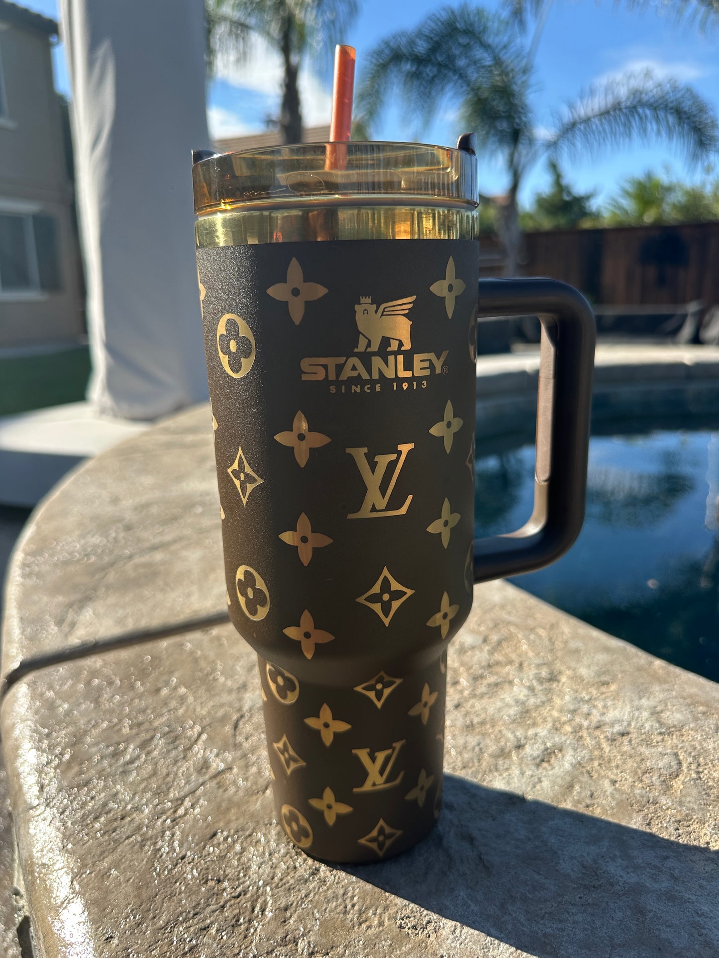 Lv inspired 40oz chocolate and gold, laser engraved Tumbler
