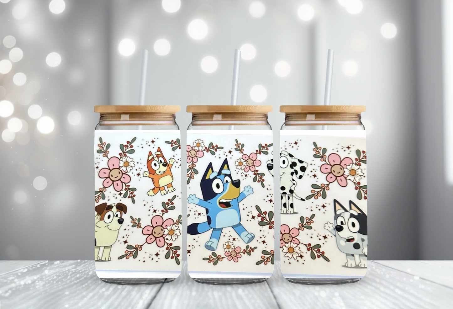 Bluey Glass Can 16oz Cup Lid & Straw Ice Coffee Cup Beer Can Handmade Gift