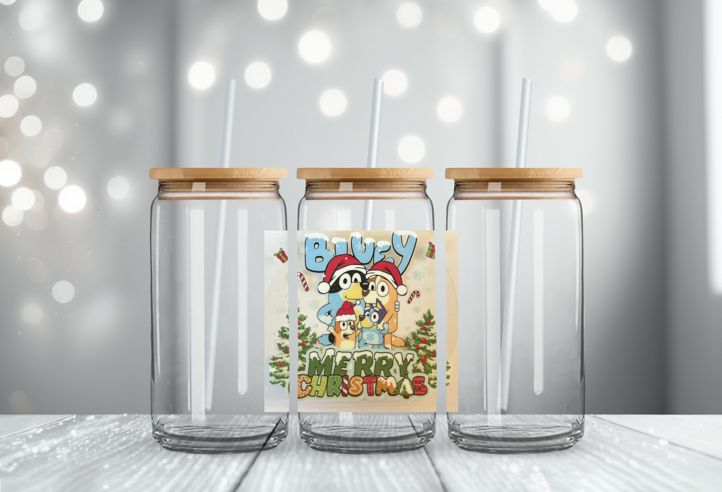 Bluey Glass Can 16oz Cup Lid & Straw Ice Coffee Cup Beer Can Handmade Gift