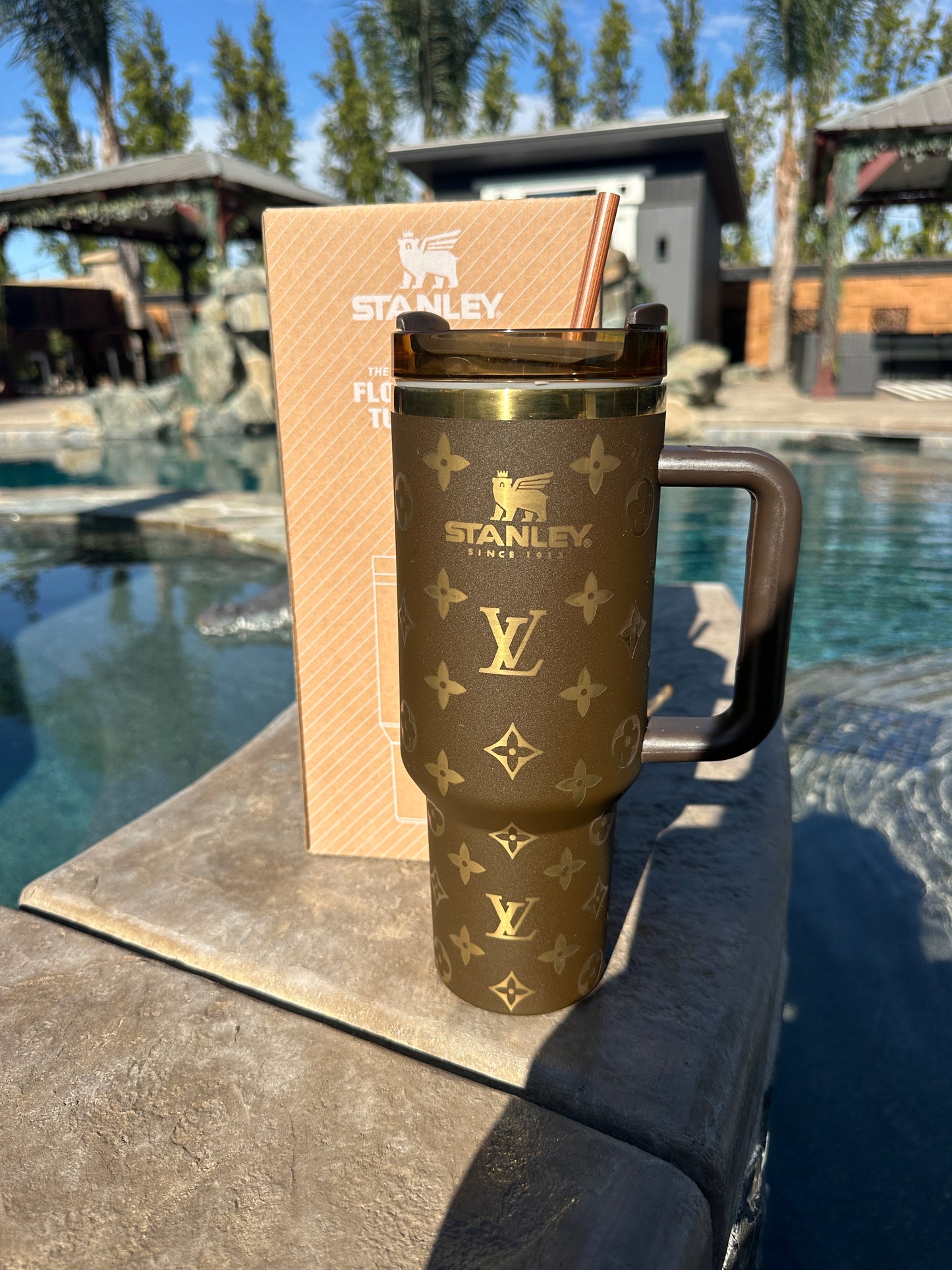 Lv inspired 40oz chocolate and gold, laser engraved Tumbler
