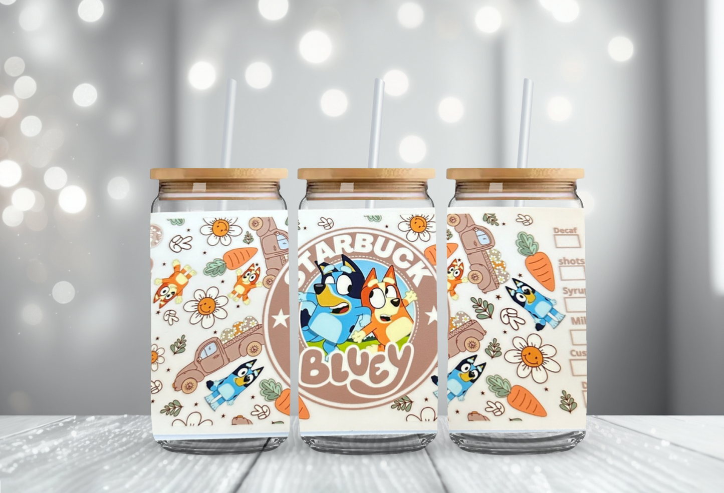 Bluey Glass Can 16oz Cup Lid & Straw Ice Coffee Cup Beer Can Handmade Gift