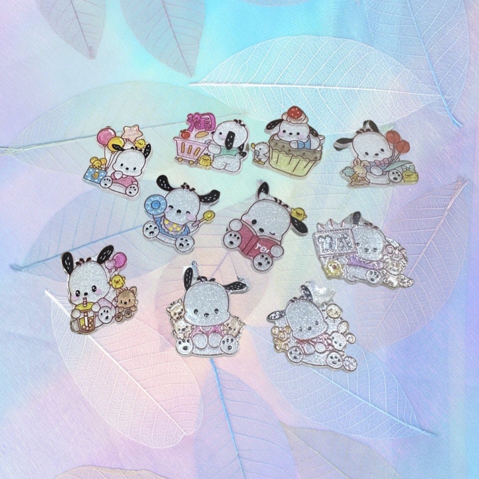Pochaco shoe charms | Acrylic glitter charms | Flat glitter charms | Kawaii gifts | Cute shoe charms | White dog | 90's puppy |