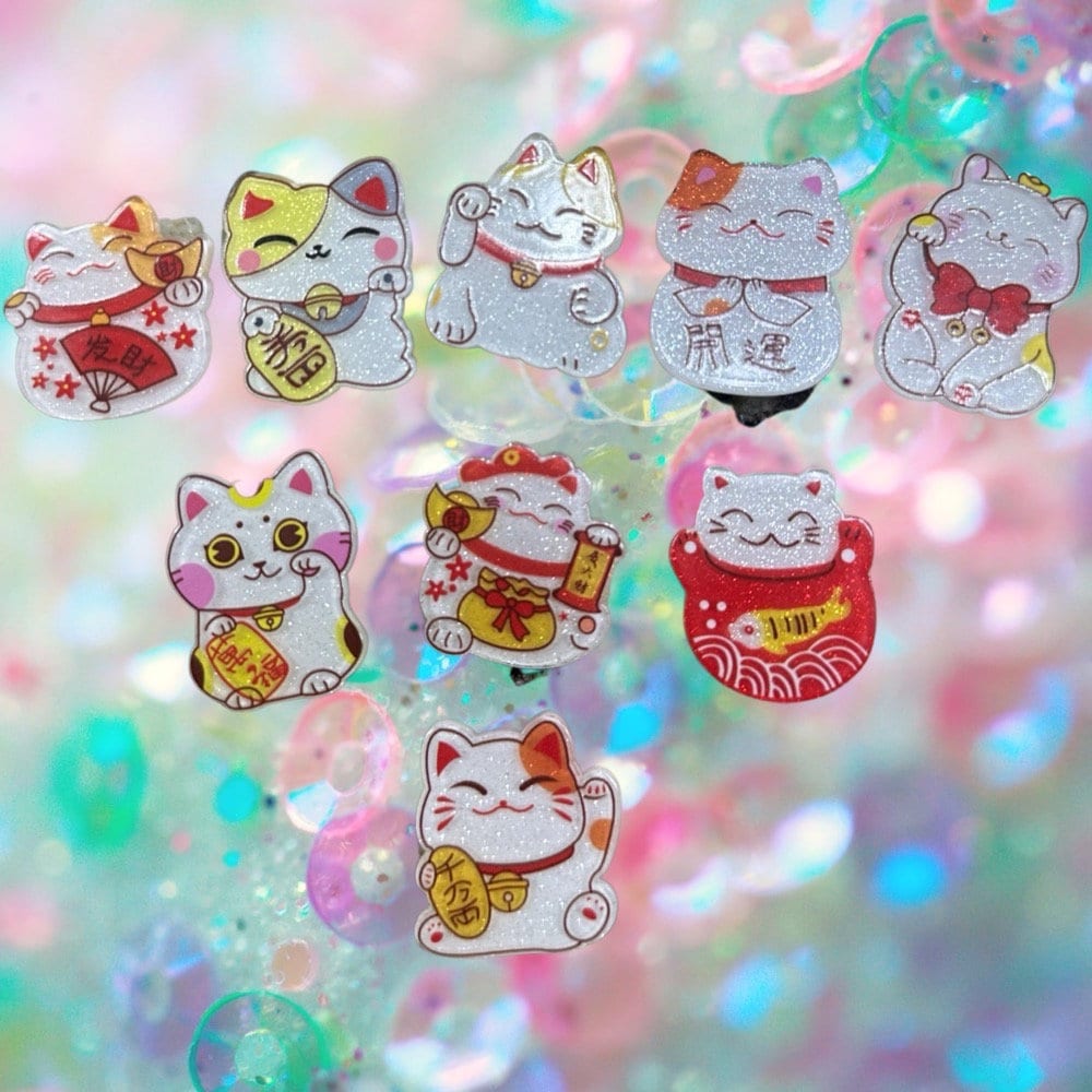 Lucky Cat shoe charms | Maneki Neko charms | Japanese lucky cat shoe accessories | Sparkle glitter resin shoe charms |Good luck cat |Acrylic