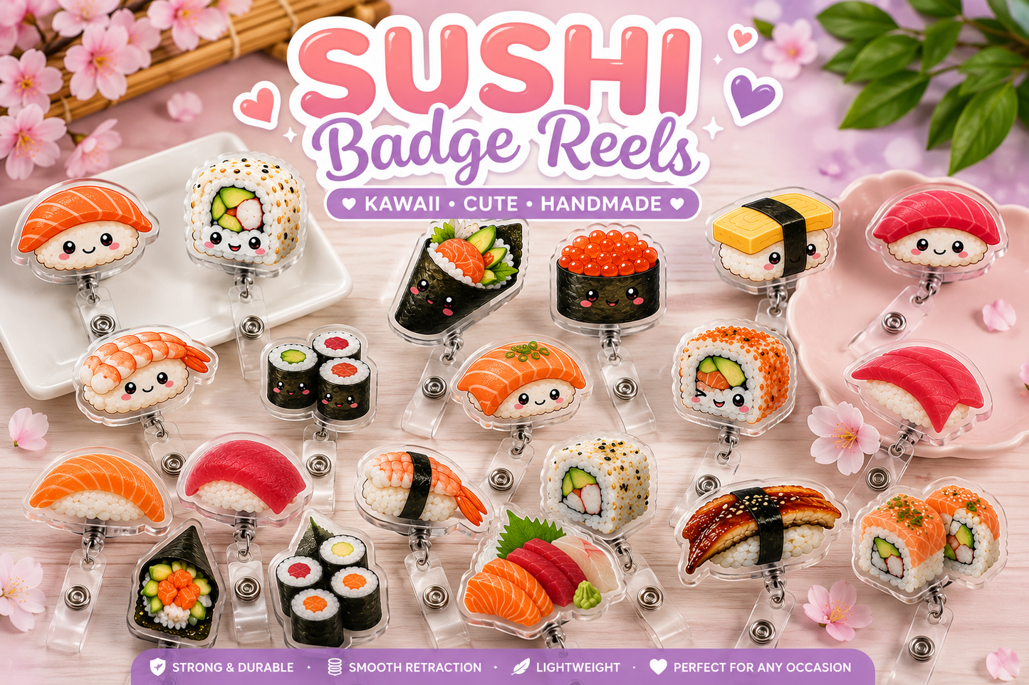 🍣 Kawaii Sushi Badge Reels | Cute Sushi Retractable ID Badge Holder | Handmade Acrylic Badge Reel for Nurses, CNAs, Medical Assistants, Lab Techs & Healthcare Workers