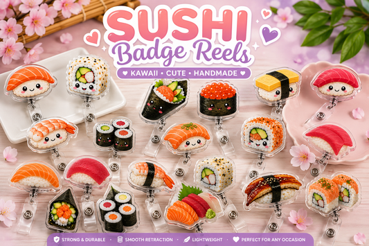 🍣 Kawaii Sushi Badge Reels | Cute Sushi Retractable ID Badge Holder | Handmade Acrylic Badge Reel for Nurses, CNAs, Medical Assistants, Lab Techs & Healthcare Workers