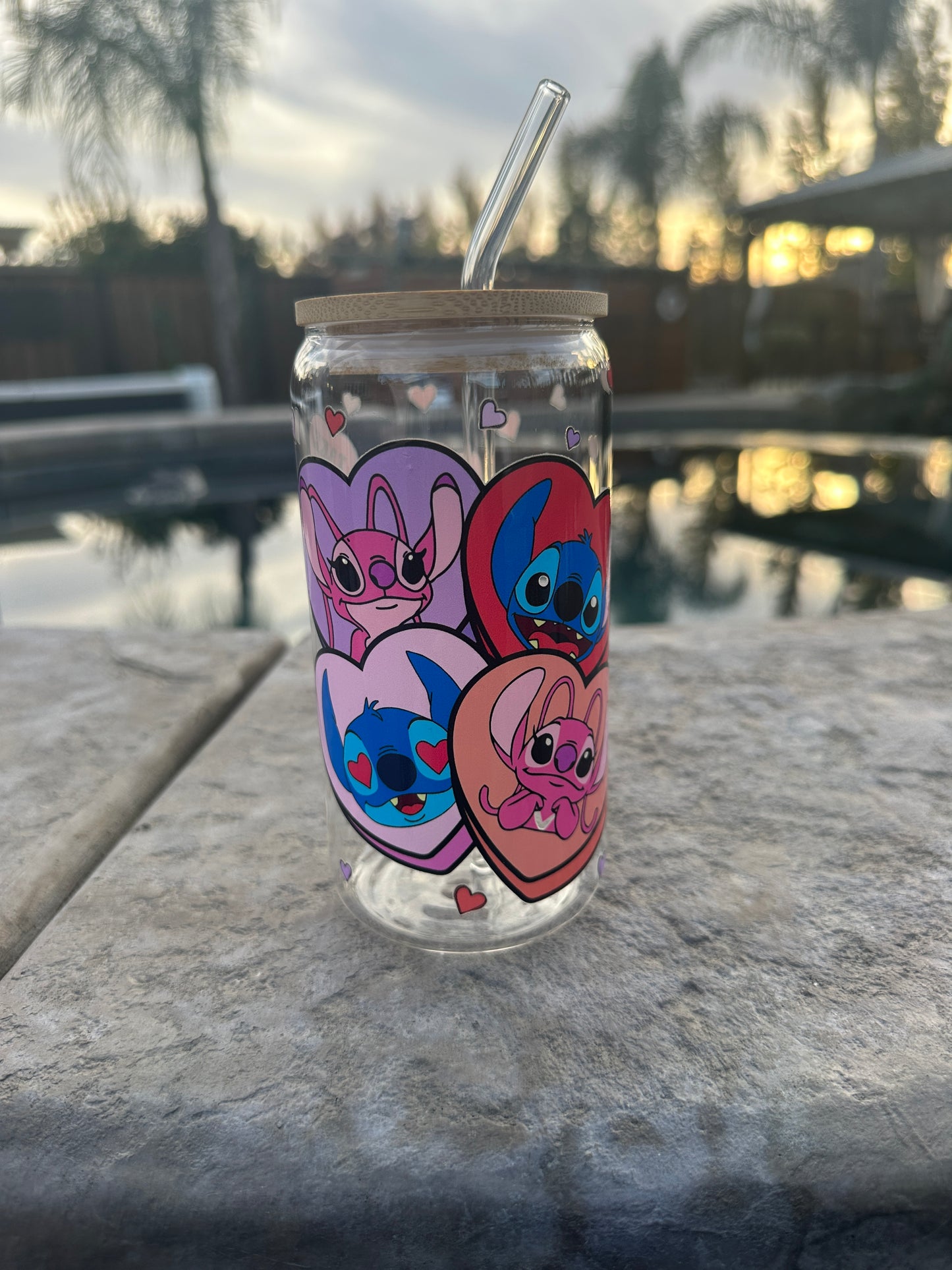 Stitch and Angel heart Glass Libby can