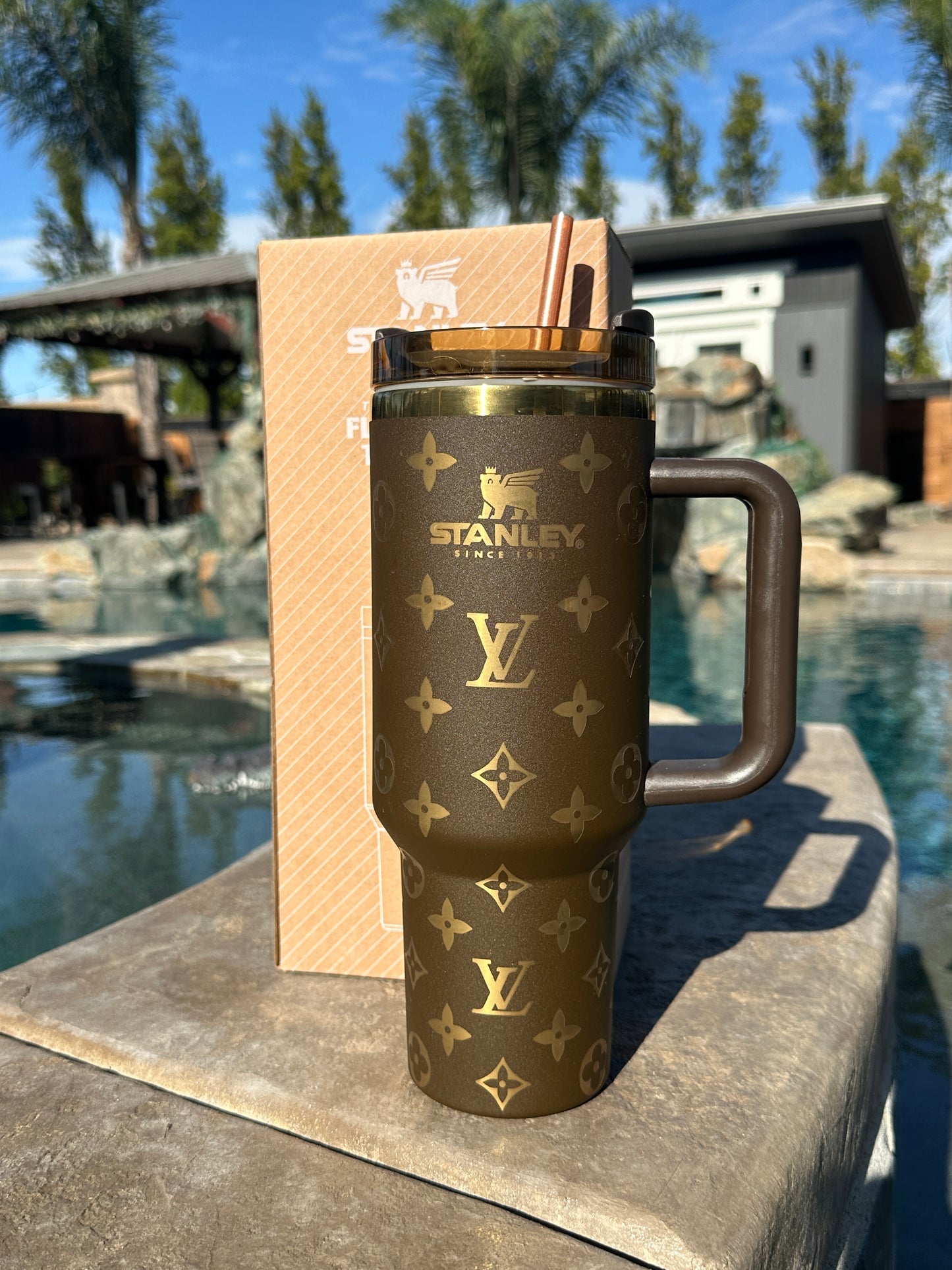 Lv inspired 40oz chocolate and gold, laser engraved Tumbler