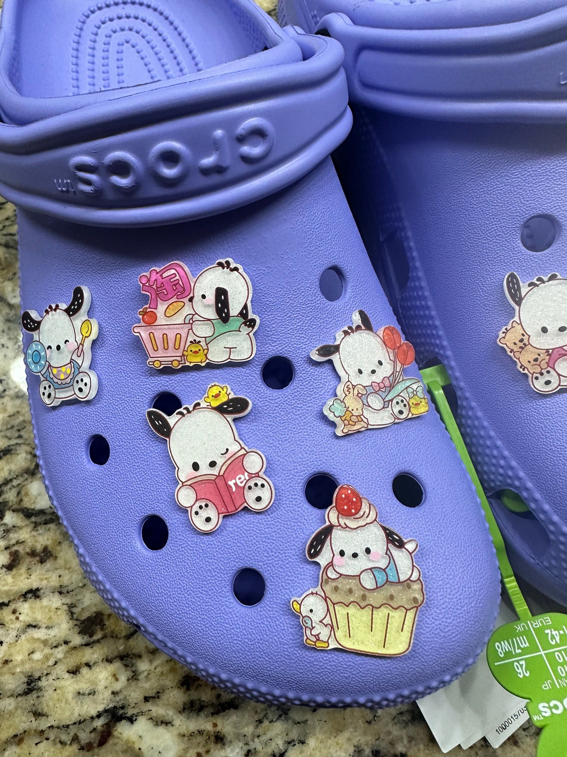 Pochaco shoe charms | Acrylic glitter charms | Flat glitter charms | Kawaii gifts | Cute shoe charms | White dog | 90's puppy |