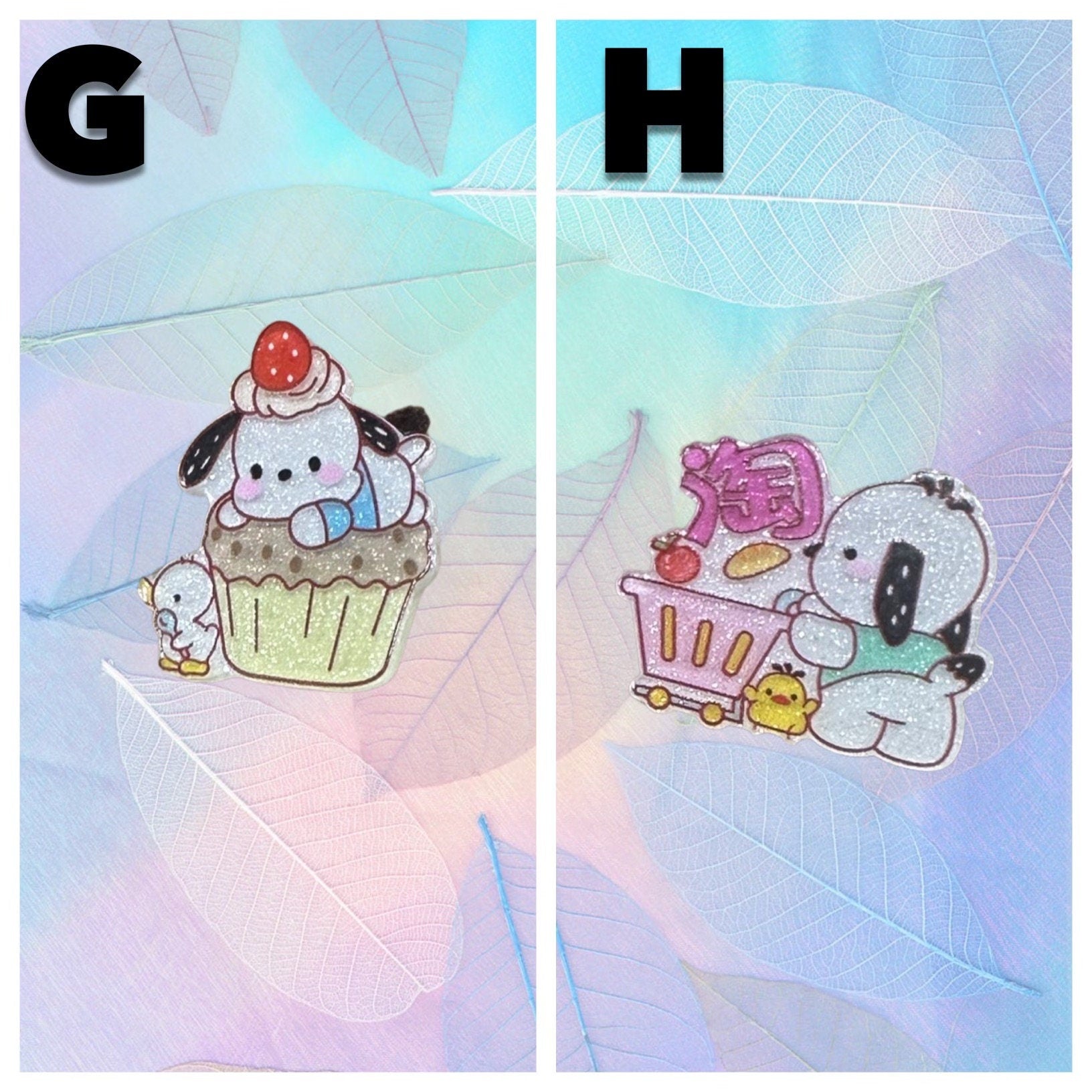 Pochaco shoe charms | Acrylic glitter charms | Flat glitter charms | Kawaii gifts | Cute shoe charms | White dog | 90's puppy |